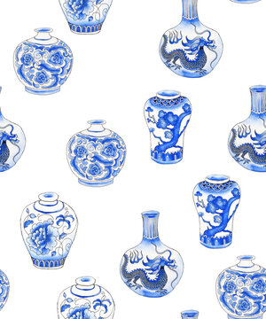 Blue Chinese vases. Seamless pattern painted with watercolor with traditional oriental symbols