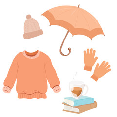 Cozy autumn set with sweater, hat, gloves, umbrella, books, cup of coffee. Autumn stickers.