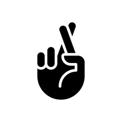 Crossed fingers black glyph icon. Wishing and hope secret. Traditional hand gesture. Superstition ritual. Silhouette symbol on white space. Solid pictogram. Vector isolated illustration