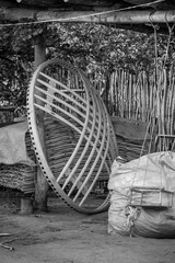 Parts of a deconstructed yurt in a workshop in Kyrgyzstan.