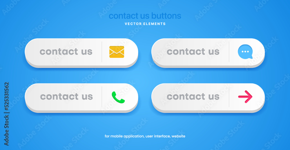 Poster Set of 3d contact us buttons. Call, message, write, forward icon symbol sign emblem for UI UX website mobile app. Template for phone number place in website header.