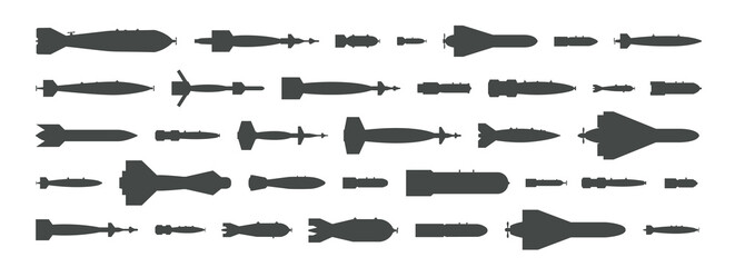 Air bomb top view icon. Black silhouette of aircraft rockets, ballistic missiles, torpedos, atomic warhead icons. Armament elements for military design. Isolated vector logos on white background. - obrazy, fototapety, plakaty