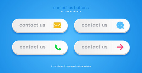 Set of 3d contact us buttons. Call, message, write, forward icon symbol sign emblem for UI UX website mobile app. Template for phone number place in website header.