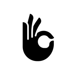 OK gesture black glyph icon. Agreement sign. Approvement symbol. Body language information. All correct. Silhouette symbol on white space. Solid pictogram. Vector isolated illustration