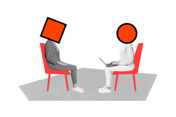 Collage 3d image of pinup pop retro sketch of different shapes heads ladies sitting in front each other isolated painting background