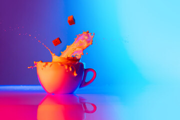 Sugar please. Cup of coffee with milk standing on mirror surface over gradient blue white background in neon light. Concept of art, beauty, drinks
