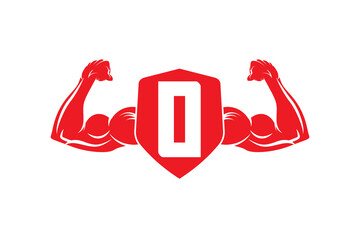 Letter O logo icon design template elements, with bicep flex and shield.