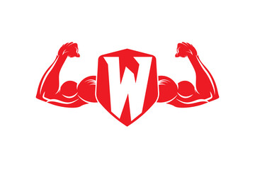 Letter W logo icon design template elements, with bicep flex and shield.