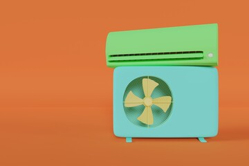 external and internal unit of the air conditioner on an orange background 3d