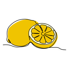 Single continuous line drawing of lemon fruit slice. Simple flat color hand drawn style vector illustration for natural and healthy living concept