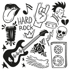 Rock and roll in doodle style. Hard rock paraphernalia. Vector set.