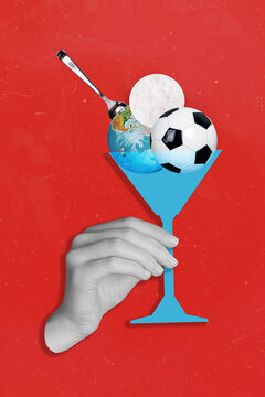 Collage photo of worldwide championship football tournament icecream hold glass cocktail isolated on red color background