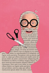 Creative 3d retro collage artwork postcard poster magazine sketch of senior man scissors cut person...