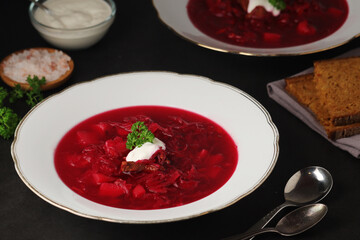 A plate with Ukrainian national dish - borsch