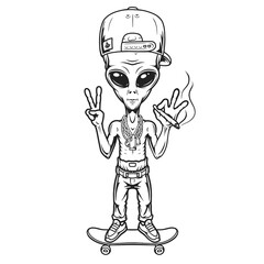 Alien skateboarder vintage monochrome sketch