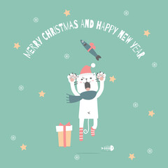 merry christmas and happy new year with cute white cat in the winter season green background, flat vector illustration cartoon character costume design