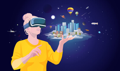 Woman in vr glasses holds in hand hologram of meta verse space, planets, universe, city buildings, skyscrapers. Augmented concept of mini world, digital technology virtual reality. Vector illustration - obrazy, fototapety, plakaty