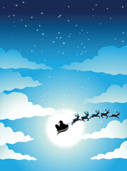 Santa and Cloudy Blue Night Sky with a Bright Moon