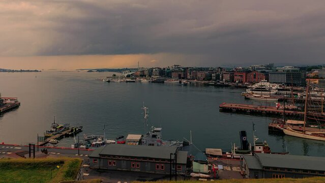 Timelapse Oslo Harbor at the Aker Brygge and Oslo Fjord from Akershus Fortress