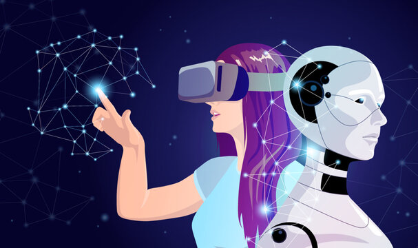 Woman in vr glasses building cyborg, robot, humanoid in 3d space. Digital technology bionic science app for creating android machine with ai. Future evolution program for humanity. Vector Illustration