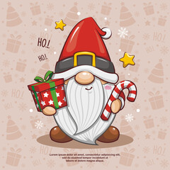 Cute Gnome Santa Claus With Gift Box And Candy Cane On Seamless Background. Cute Cartoon Illustration