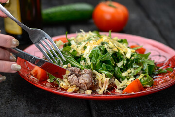 salad with meat, cheese, arugula and tomatoes in a red plate, macro photo
