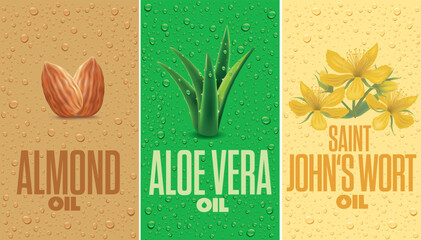 Almond, Aloe vera, St. John's Wort oil labels with many oil drops	
