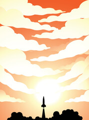 Space Poster of Rocket Launch Silhouette Over an Orange Cloudy Sky