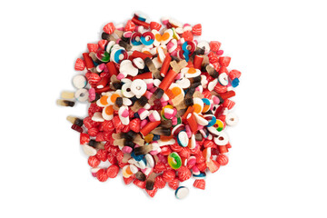Tasty mix of jelly colorful candies isolated on a white background.