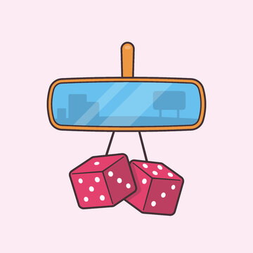 Rear View Mirror Dice Retro Luck Concept Vector Cartoon Illustration