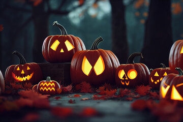 pumpkin Halloween witch graves in painting pictures. Halloween nightmare concept. sketch design style. event festival day. out of focus background. full moon cloudy mood. head of the pumpkin gost.