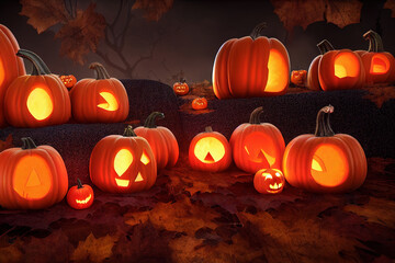 pumpkin Halloween witch graves in painting pictures. Halloween nightmare concept. sketch design style. event festival day. out of focus background. full moon cloudy mood. head of the pumpkin gost.