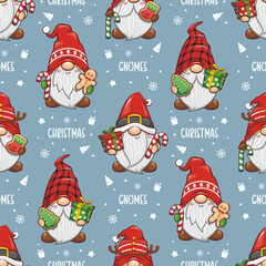Seamless Pattern Cute Christmas Gnomes Santa Claus. Cute Cartoon Illustration