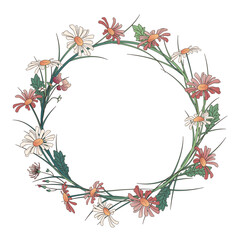 Vector circle floral wreath with wildflowers, leaves and grass. Illustration of daisy flower. Garland for flower shop design, decoration of invitations, cards, posters. Place for text.