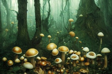 Ancient fairy forest with spooky old knotted trees and mysterious lingering fog - various mushrooms and toadstools grow abundantly in these sacred magical woods. 
