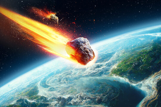 An asteroid with a flame passes through the Earth's atmosphere. Space fireball and apocalypse. Digital Art Illustration Painting Hyper Realistic.
