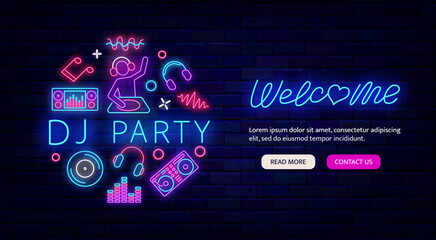 DJ party neon flyer promotion. Website landing page template. Glowing greeting card. Vector stock illustration