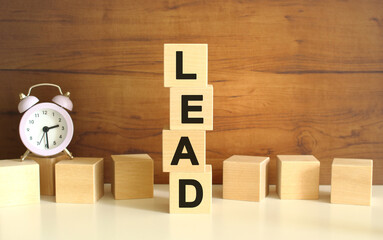 Four wooden cubes stacked vertically on a brown background form the word LEAD.