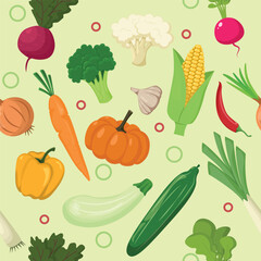 Seamless pattern on a light green background with different vegetables