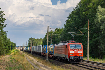 Nowoczesna elektryczna czerwona lokomotywa z pociągiem intermodalnym pędzi przez las - obrazy, fototapety, plakaty