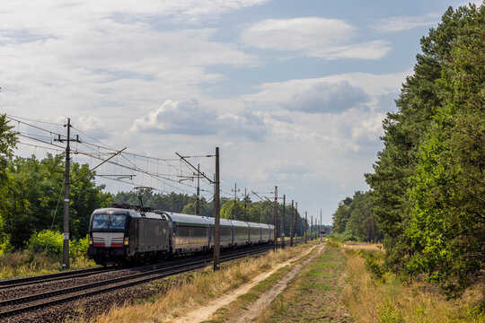 Nowoczesna czarna lokomotywa elektryczna z pociągiem międzynarodowym pędzi przez las