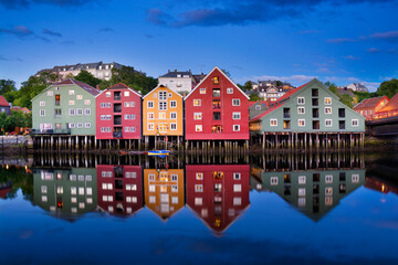 Colorful houses over Nidelva river in Trondheim city, Norway