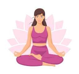 Yoga young woman, card concept. Beautiful girl in a suit doing yoga. Healthy lifestyle. Poster. Template. Vector illustration isolated on a white background.