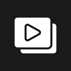 Set of video files dark mode glyph ui icon. Simple filled line element. User interface design. White silhouette symbol on black space. Solid pictogram for web, mobile. Vector isolated illustration
