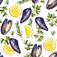 Mussels watercolor seafood seamless pattern with lemon and herbs. For kitchen textile, menu background, restaurant wallpaper