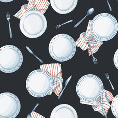 Tableware top view watercolor seamless pattern on dark background. For kitchen textile, menu background, restaurant wallpaper