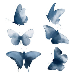 Blue butterflies watercolor set in indigo color illustration isolated on white background