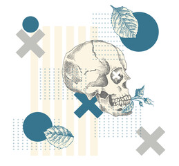 Art collage vintage human skull with flower roses, halftone. Zine Culture style banner. Hipster trending concept Tattoo, t-shirt design. Realistic hand drawn sketch. Skeleton head Vector