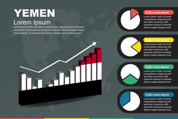 Yemen infographic with 3D bar and pie chart, increasing values, flag on 3D bar graph