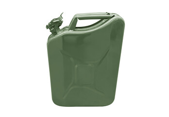 Green metal gas canister isolated on a white background. Canister for gasoline, diesel and gas....